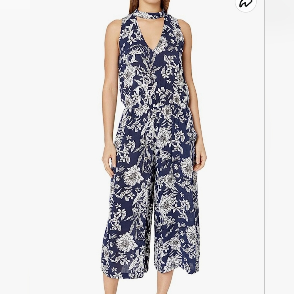 Navy and White Floral Capri-length Jumpsuit